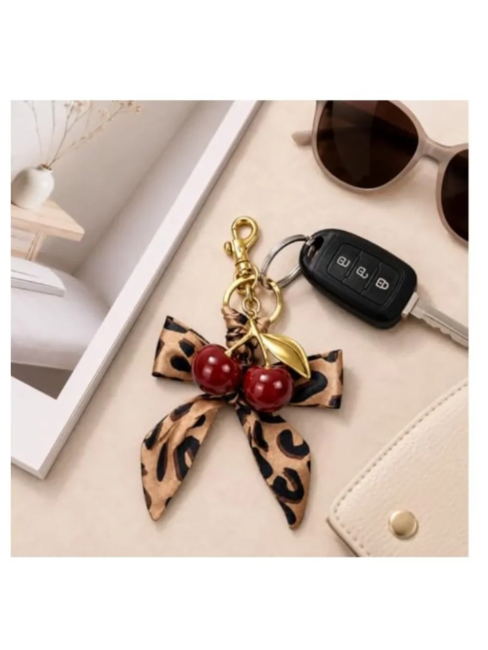 Cherry Keychain Bow Leopard Cheetah Bag Charm Red Purse Handbag Accessory
